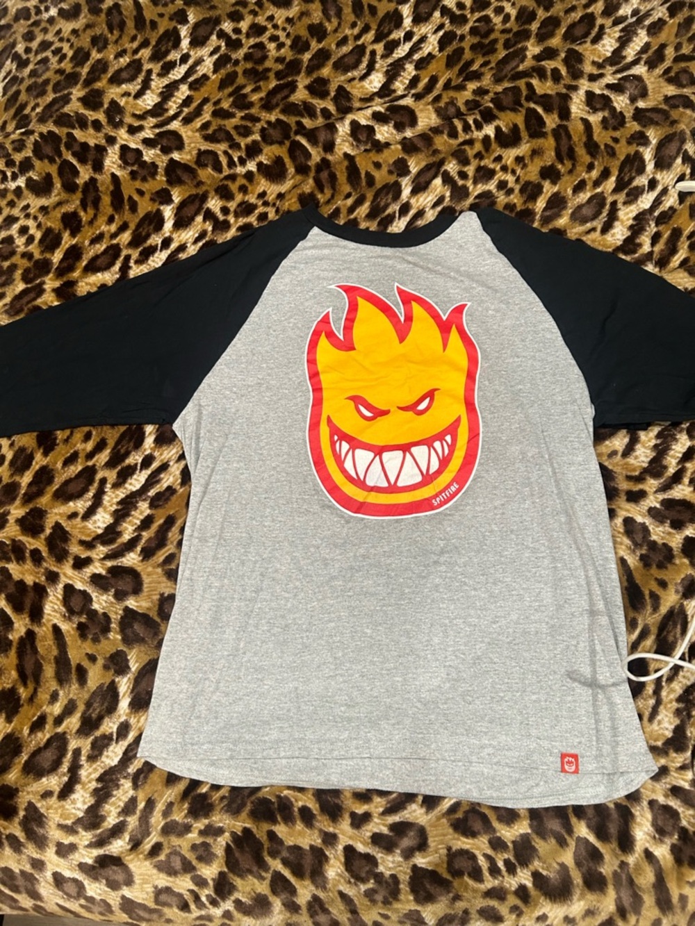 Spitfire mens Heather Gray & Black baseball Tee with Bold Flame Face